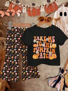 Baby Girls Autumn Colorful Black, Cute Halloween Pumpkin, Flower, Leaf, Bow Pattern, "Take Me To The Pumpkin Patch!" Pumpkin Season! Baby Girl Casual Minimalist Short Sleeve Round Neck T-Shirt And Flare Pants Set, Suitable For Spring And Autumn, Autumn Outfits, Easy Comfort, Autumn Layers For Baby & Girls, Stylish Baby Girl, Casual Wear, Baby Girl Halloween Graphic Clothes, Fall Clothes - Multicolor - View 1