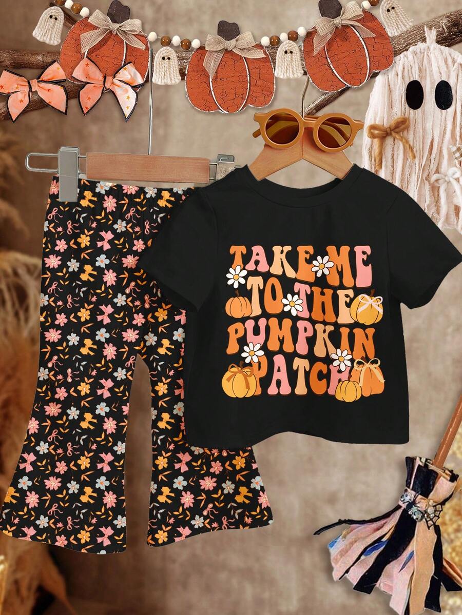 Baby Girls Autumn Colorful Black, Cute Halloween Pumpkin, Flower, Leaf, Bow Pattern, "Take Me To The Pumpkin Patch!" Pumpkin Season! Baby Girl Casual Minimalist Short Sleeve Round Neck T-Shirt And Flare Pants Set, Suitable For Spring And Autumn, Autumn Outfits, Easy Comfort, Autumn Layers For Baby & Girls, Stylish Baby Girl, Casual Wear, Baby Girl Halloween Graphic Clothes, Fall Clothes - Multicolor - View 1