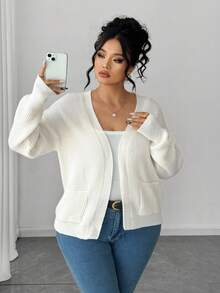 Elenzga Áo len cardigan tay dài họa tiết hai túi thoải mái, dáng rộng, lấy cảm hứng từ Blogger cỡ lớn - Màu be - Xem 3