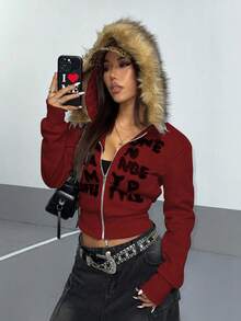 StreetHx 女式灰色保暖内衬黑色涂鸦字母印花渐变色毛领修身短款连帽卫衣，秋冬 - 酒紅色 - 查看 4