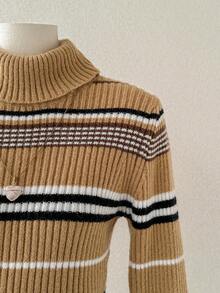 SHEIN Unity 女式简约时尚卡其色条纹长袖高领修身针织毛衣，秋冬 - 卡其色 - 查看 6