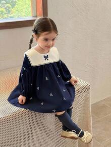 SHEIN Infant/Baby Girl Vintage Elegant Bow Decor Long Sleeve Puff Sleeve Dress Baby Girl Navy Dress Fall Winter - Royal Blue - View 1