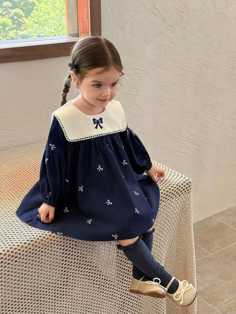 SHEIN Infant/Baby Girl Vintage Elegant Bow Decor Long Sleeve Puff Sleeve Dress Baby Girl Navy Dress Fall Winter - Royal Blue - View 1