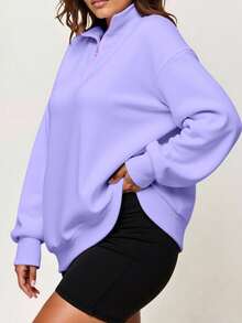 INAWLY 大码女式纯色落肩长袖拉链半开襟宽松休闲卫衣，适合秋季、毕业季、教师节等场合，返校季套头衫，秋冬款 - 紫丁香色 - 查看 3