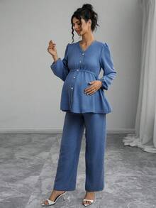 Momance 2pcs Maternity Set: Long Sleeve Shirred Button Front Cardigan With Shirred Waist Design, Loose Fit Maternity Pants - Blue - View 4