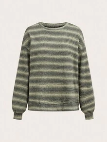 SHEIN PETITE CURVE Plus Size Plus Size Crew Neck Striped Jumper Casual Y2k 90's Stripe Plus Size Airport Outfits Petite Curve Sweater Striped Sweater Green Striped Sweater In Fall/Winter