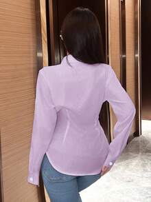 SHEIN LUNE 女士纯色不对称下摆交叉裹身优雅长袖女式衬衫 - 紫丁香色 - 查看 2