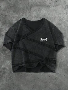 ROMWE MEN Goth 男士美式哥特街头风格拼接雪洗短袖T恤 - 黑色 - 查看 1