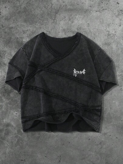 Street Life Men's T-Shirt With American Gothic Street Style Patchwork Snow Washed Short Sleeve