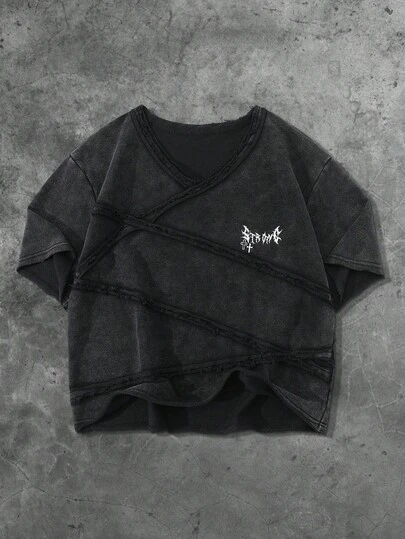 ROMWE MEN Goth 男士美式哥特街头风格拼接雪洗短袖T恤