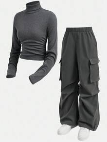 Girlism Tween Girls Grey Knit Pullover Sweater And Cargo Pants Set Fall Winter - Dark Grey - View 13