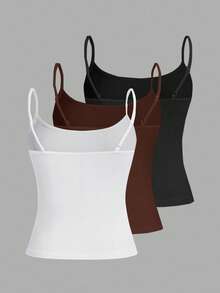 Tseoso 3件套休闲修身女士吊带背心，95%棉，适合夏季，复古可爱，甜美少女风，夏季外出单品，居家，返校季，秋季女装，百搭，3件装背心，修身背心，紧身背心，吊带背心，基础款上衣 - 彩色 - 查看 2