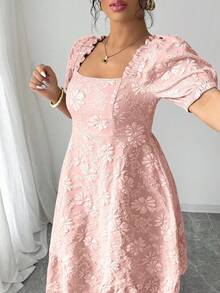 Elenzga Vestido diario y de fiesta elegante de manga abullonada con ajuste ceñido y vuelo para mujer talla grande, elaborado con tela jacquard con estampado de margaritas