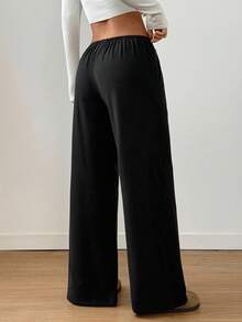 SHEIN PETITE 1pc Women's Black Thick Knit Elastic Waist Drawstring Pocket Casual Pants, Winter
