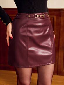 Vintamour 复古优雅派对女士PU皮金属扣迷你裙，休闲度假秋冬圣诞酒红色半身裙 - 酒紅色 - 查看 6