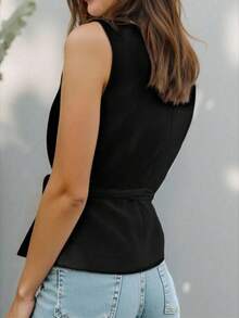 INAWLY Áo hai dây buộc thời trang nữ màu trơn đơn giản thiết kế tối giản - màu đen - Xem 4