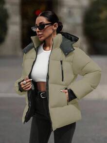 EURMUSE 连帽拉链细节撞色罗纹袖口绗缝女式休闲羽绒服 - 米色 - 查看 1