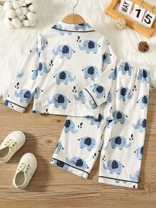 SHEIN 2 件套男婴卡通大象印花翻领长袖口袋衬衫和直筒裤针织舒适宽松睡衣套装 - 白色 - 查看 2