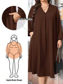 SHEIN Essnce Plus Size Women Spring And Summer Fashion Casual Loose Comfortable Cool Daily Brown V-Neck Long Sleeve Mid-Length Dress, Conservative Dress,Church Clothes Women,Old Money Style,Modesty Clothes Women,Fall Outfits/Fall/Winter - Brown - View 1