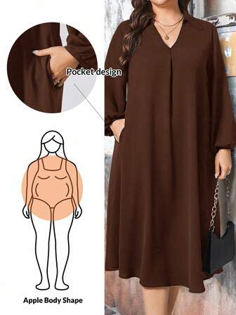 SHEIN Essnce Plus Size Women Spring And Summer Fashion Casual Loose Comfortable Cool Daily Brown V-Neck Long Sleeve Mid-Length Dress, Conservative Dress,Church Clothes Women,Old Money Style,Modesty Clothes Women,Fall Outfits/Fall/Winter
