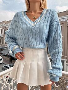 EURMUSE Plus Striped Trim Cable Knit Drop Shoulder Cricket Sweater, For Winter - Blue - View 5