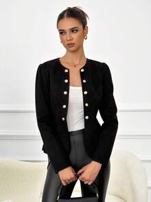 SHEIN Tall Lady Suede Black Button Detail Open Front Jacket Professional Clothes Women In Fall/Winter - Black - View 4