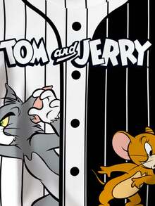 TOM & JERRY X SHEIN Young Boy's Casual Fashionable Street Style Cartoon Letter Graphic Black & White Striped Short Sleeve T-Shirt, Summer - White - View 4