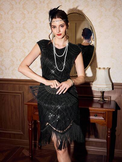 Vintamour Vestido elegante ajustado con cuello redondo, mangas cortas, dobladillo con flecos y adornos de lentejuelas, vestido estilo Gatsby, vestido de los años 20, vestido con flecos, vestido de mujer, vestido de Año Nuevo, ropa de mujer de Año Nuevo, vestidos elegantes de fiesta, vestido de lentejuelas, vestido brillante, vestido negro, vestido de San Valentín, vestido de primavera