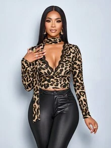 SOLERSUN 女士优雅性感复古豹纹蕾丝 V 领蝴蝶结衬衫，百搭日常办公和约会 - 棕色 - 查看 5