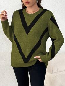 Elenzga 大码女式休闲时尚修身圆领长袖提花针织套头衫，秋冬 - 軍綠色 - 查看 4