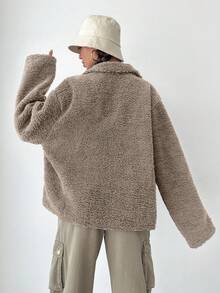 EURMUSE Women's Fleece Zip-Up Collar Regular Jacket, Autumn/Winter - Beige - View 2