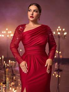 Glamrae Elegantes, romantisches Abendkleid in Große Größen mit asymmetrischem Ausschnitt, luxuriöser bestickter Applikation, langen transparenten Ärmeln, eingearbeiteten Pailletten, geraffter Taille, hohem Schlitz und verziertem Meerjungfrauensaum