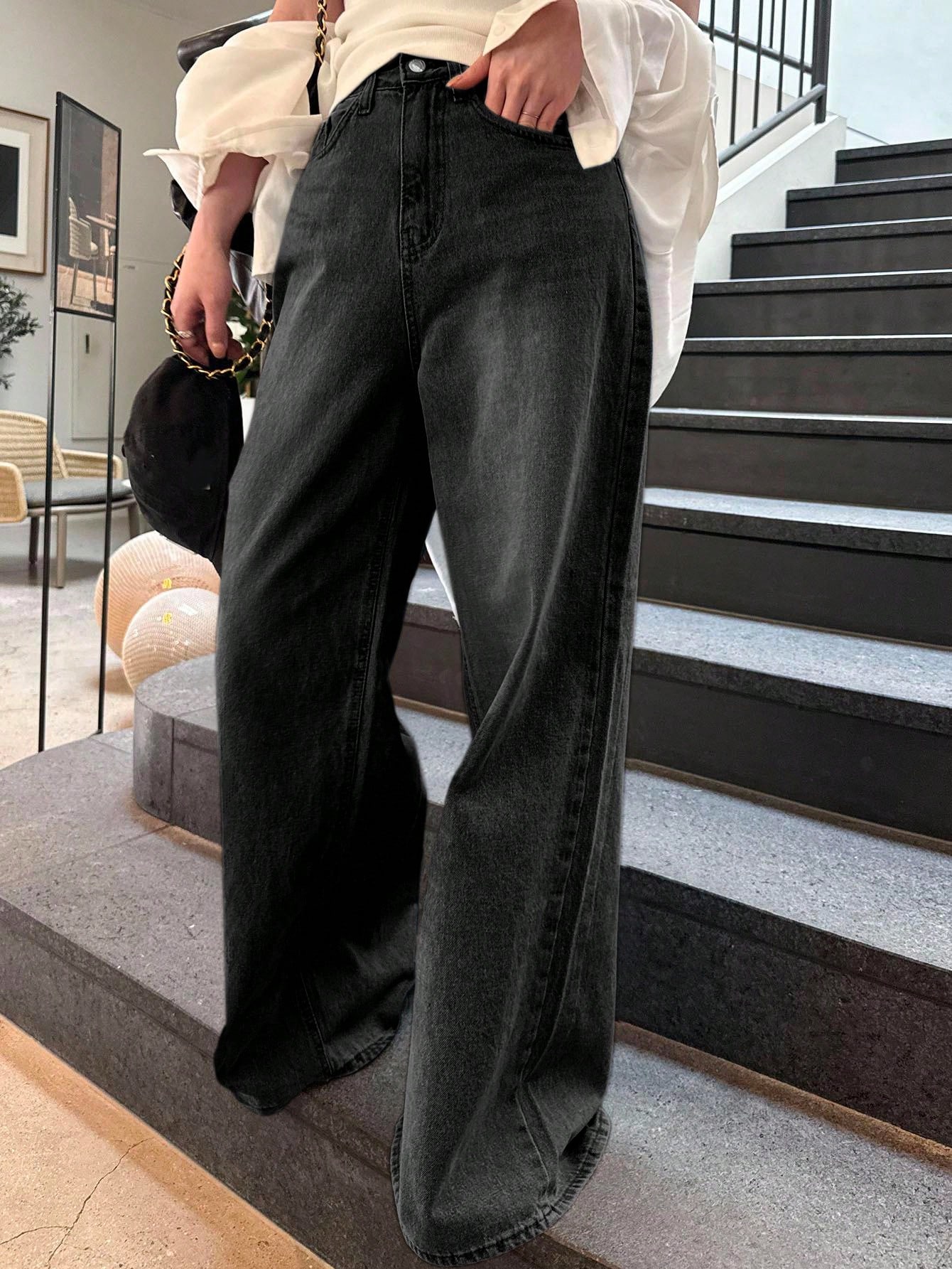 DAZY بنطلون جينز واسع الخصر مخصر، مستقيم الساق، بس...