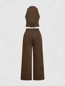 SHEIN MOD 大码优雅通勤休闲缺口领背心和裤子两件套 - 咖啡棕 - 查看 2
