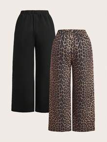 SHEIN EZwear Set de 2 pantalones de chándal de talla grande con estampado de leopardo y negro, para primavera/verano - Multicolor - Ver 2