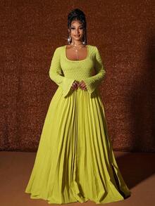 Maweii Plus Size Women Spring Ruffle High Slit Long Sleeve Dress - Green - View 7