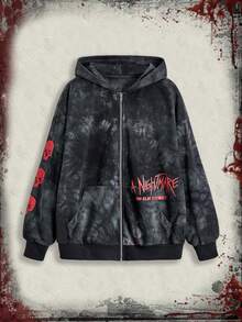 A Nightmare on Elm Street X ROMWE 女士休闲扎染字母骷髅印花拉链卫衣，秋季 - 黑色 - 查看 1