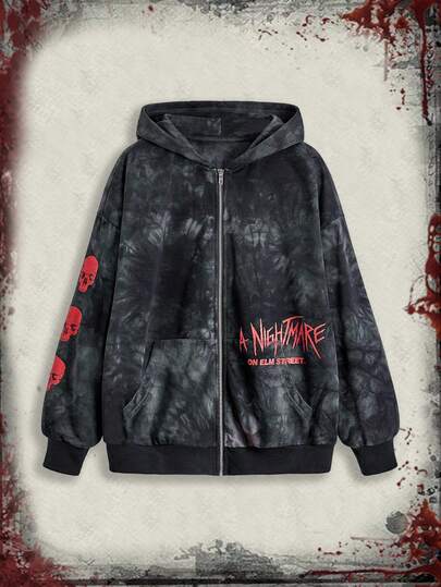 A Nightmare on Elm Street X ROMWE Women's Casual Tie-Dye Letter & Skull Print Zip-Up Hoodie Sweatshirt, Autumn