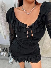SHEIN EZwear Ruffle Hem Drawstring Dress, Tie Front, Square Neckline, Split Cuffs - Black - View 6