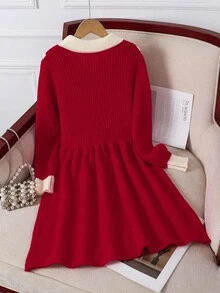 青少年女孩学院风公主裙，舒适仿纽扣撞色领针织毛衣裙，秋冬 - 紅色 - 查看 2