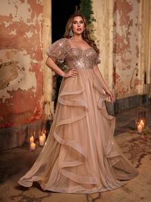 SHEIN Belle Plus Size Autumn And Winter Elegant Gorgeous Romantic Champagne Color Sequin Embroidery Splicing Sweetheart Neckline Puff Sleeves Shape Bust Design With Fishbone Asymmetrical Ruffles Oversized Puffy Dress Suitable For Dinner Party Bachelorette Party Date Dance Music Festival Homecoming Season Graduation Season Birthday Holiday Wedding Event Evening Dress (Heavy Style)