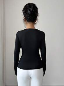 Elenzga Women's Elegant Black Long Sleeve T-Shirt Knit Fabric Metal Button Decor Base Layer For Autumn Night Out French Street Retro Business Daily Commute - Black - View 2