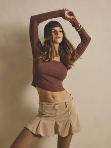 Aralina 冬季/秋季中腰高腰下摆米色灯芯绒褶皱高腰带扣腰带裙西部风女式裙子 - 卡其色 - 查看 7