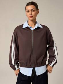 Hanevo Women's Casual Fashion Sporty Contrast Striped Side Zip-Up Lightweight Baseball Jacket, Spring/Autumn - Brown - View 3