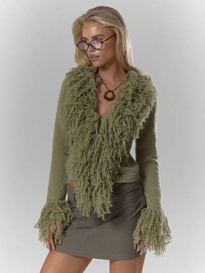 MUSERA Knit Shaggy Trim Fitted Cardigan Cosy Fluffy Cute Casual Coffee Club Winter Evening Party Elegant Spring Sweater