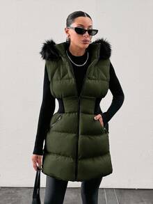 EURMUSE Padded Vest With Furry Hood And Adjustable Waist, Two Side Pockets, Thick And Fashionable Puffer Jacket, Quilting Details - Dark Green - View 5