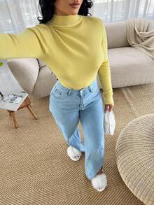 SHEIN SXY Nuevo suéter de cuello alto ajustado de unicolor para otoño/invierno, forrado térmico y grueso para mujer - Amarillo - Ver 5
