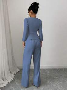 Elenzga Women's Elegant Long Sleeve Blazer And Pants Suit Set, Business/Commute Style, Suitable For Summer, Independence Day, Graduation, Back To School - Light Wash - View 2