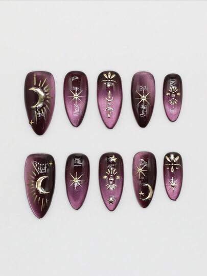 Fairycore 10pcs Sun, Moon & Star Handmade False Nails + 3 Sheets Double-Sided Adhesive, Removable Purple Ombre Painted Nail Art Stickers, High-Quality Shiny Colored Cat Eye Nail Decals, Suitable For Holidays, Parties, Dancing & Daily Wear