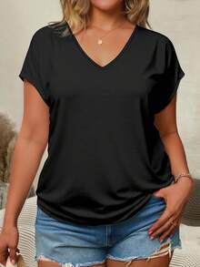 EMERY ROSE Plus Size Women's Casual Everyday Commute Simple Versatile Solid Black V-Neck Batwing Short Sleeve Loose T-Shirt